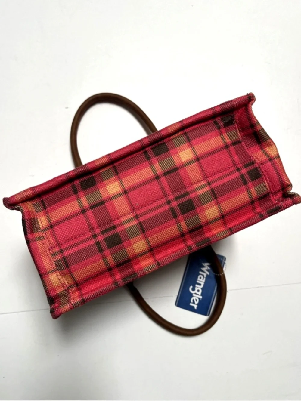 NWT Wrangler Pink Plaid Tote Crossbody Bag Canvas PU Guitar Strap Western Tartan